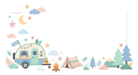 Naklejka premium Charming vector illustration of a peaceful campsite featuring a vintage camper, tent, and campfire under a moonlit sky with soft pastel colors.