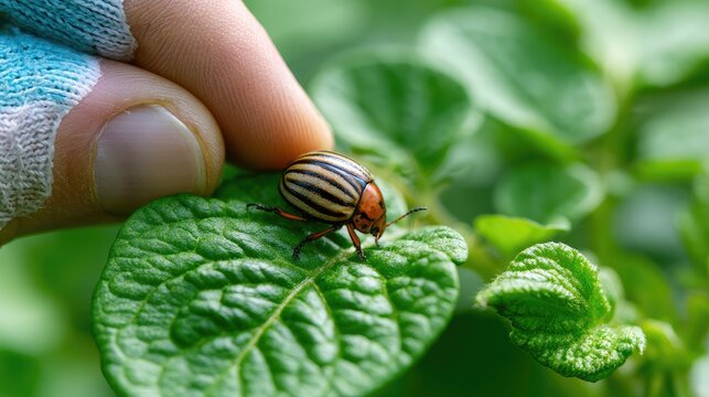 Colorado Potato Beetle on Green Leaf, Agricultural Pest Macro Close Up