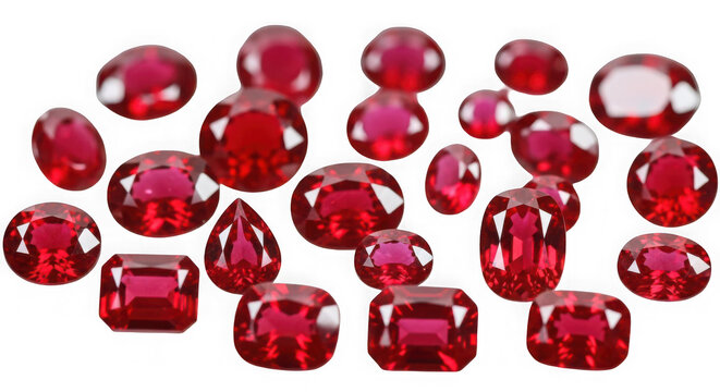 Assorted collection of deep red gemstones scattered on a neutral background isolated on transparent background