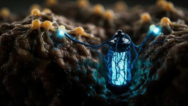 Bioluminescent Lantern Embedded in Organic Matter with Glowing Tendrils, Futuristic Bio-Tech Concept