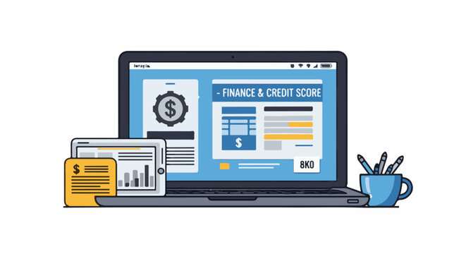 A laptop displays a finance and credit score webpage with a tablet and documents