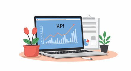 Fototapeta premium A laptop displays a KPI graph on its screen, surrounded by plants and office supplies
