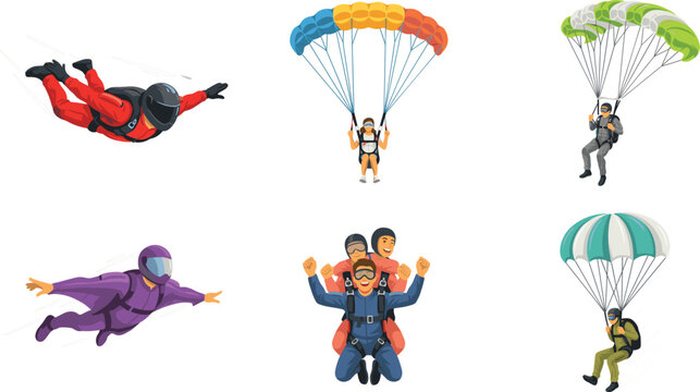 Skydiving and parachuting vector illustration set with flat characters of skydivers in free fall wingsuit flying tandem jump and paragliding under colorful canopies