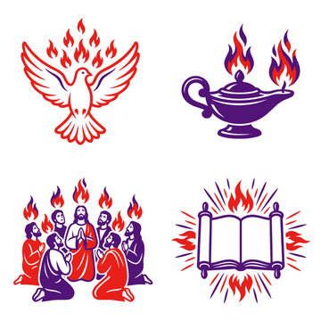 Christian Pentecost Religious Symbols Set with Holy Spirit Dove Oil Lamp Apostles and Bible Scroll.