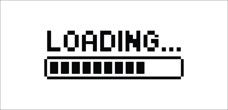 Loading Bar Pixel Black Style, Retro Progress Indicator Interface Element, Digital Buffer and Upload Status Icon, Minimal Technology Vector Illustration.