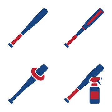 Baseball bat equipment icons set in blue and red colors including weight and cleaning spray.