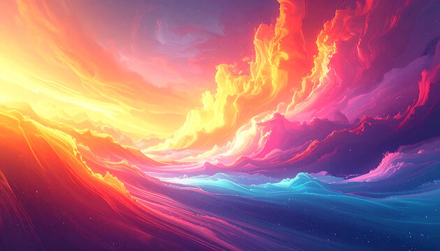 vibrant pixel art sunset landscape with rolling clouds and mountains in colorful gradient shades
