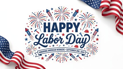 Obraz premium Happy labor day banner with flags isolated on white background