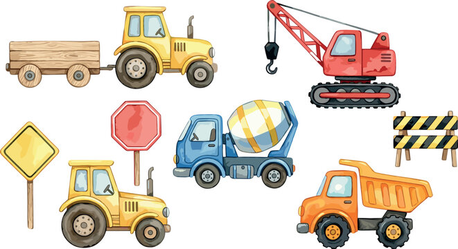 Watercolor Construction Vehicle and Toy Truck Clipart Vector Set Featuring Tractor with Trailer, Crawler Crane, Concrete Cement Mixer, Dump Truck, and Road Signs