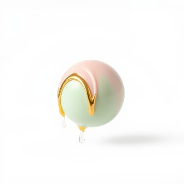 Pastel sphere features gold dripping. Soft colors blend, creating smooth, artistic form. Minimalist aesthetic, clean background.