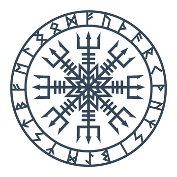 Ancient viking vegvisir compass with runic circle on white