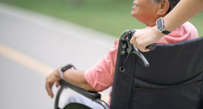 Close-up of Hand Pushing Senior Woman in Wheelchair at Park