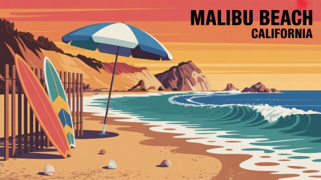 Retro Vector Illustration of Malibu Beach California Featuring Beach Umbrella and Surfboards at Sunset