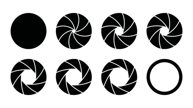 Set of black camera aperture iris diaphragm icons on white background.