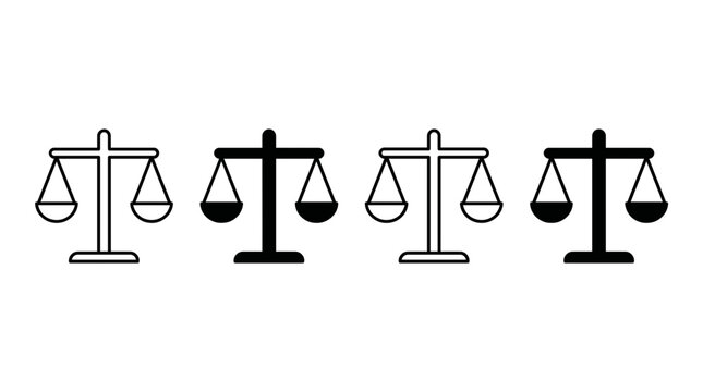 Set of four diverse scales of justice icons in black and white line styles.