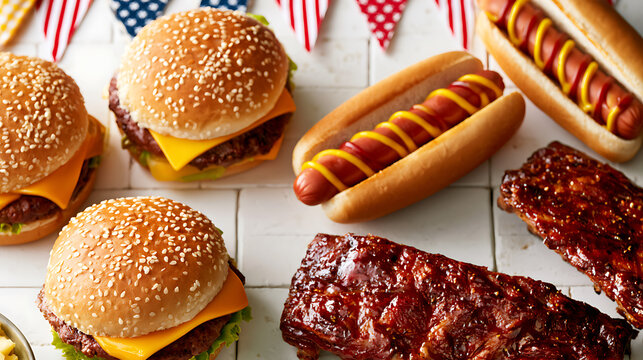 American BBQ Food Spread: Burgers, Hot Dogs, and Ribs with Festive Bunting