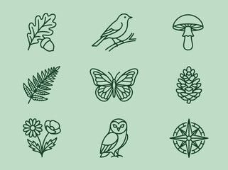 Obraz premium Minimalist Nature Line Art Icons Set featuring Forest Animals, Plants, and Outdoors Symbols