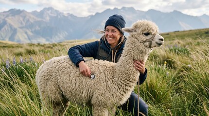 Fototapeta premium Female animal caretaker using stethoscope on alpaca in mountain meadow, kneeling beside calm fluffy camelid during field health check and animal husbandry