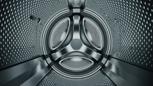 Wide angle interior view of an empty stainless steel clothes dryer drum