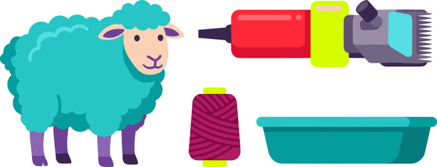 Flat Vector Icon Set Featuring a Fluffy Teal Sheep Electric Shearing Clipper Machine Maroon Thread Spool and Washing Basin for Wool Production Designs © sumi