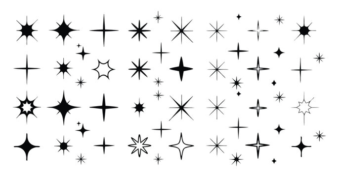 Y2k star sparkle bling abstract tattoo shapes. Simple minimal geometric signs in retro 2000s style.