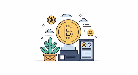 A large golden coin with a 'B' on a stack with a plant, a computer and phone nearby © Agung