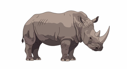 A large gray rhinoceros with a distinctive horn on its nose stands facing right © Agung