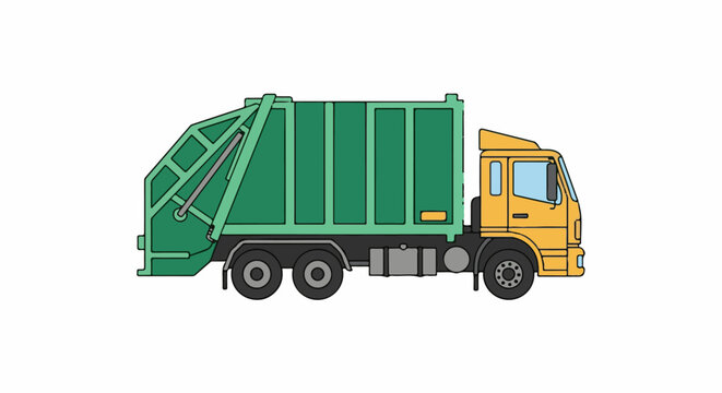 A large green garbage truck with a yellow cab and black wheels