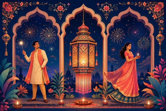 Traditional Indian Diwali Festival Celebration Illustration