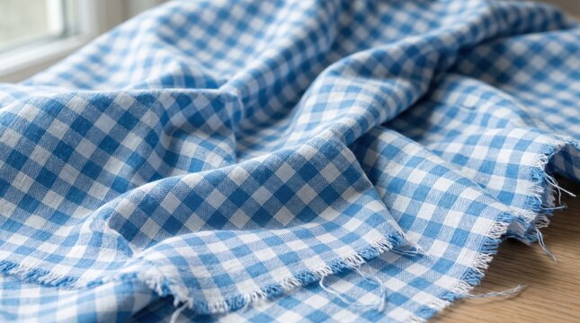 Light blue gingham cloth with larger checks draped on windowsill and wooden surface, soft woven cotton textile catching daylight for casual home linen, dining and relaxed decor scenes