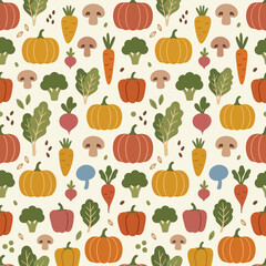 Fototapeta premium Seamless pattern of hand drawn autumn vegetables and pumpkins. EPS Editable. Vector Illustrations.