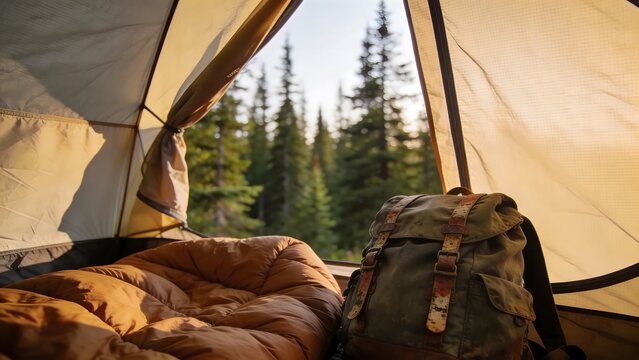 Cozy view from inside a camping tent overlooking a serene forest at sunrise.