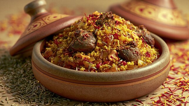 Isometric view of a 3D illustration showcasing a Moroccan tagine bowl filled with colorful couscous and lamb garnished with spices surrounded by blurred cumin seeds and saffron