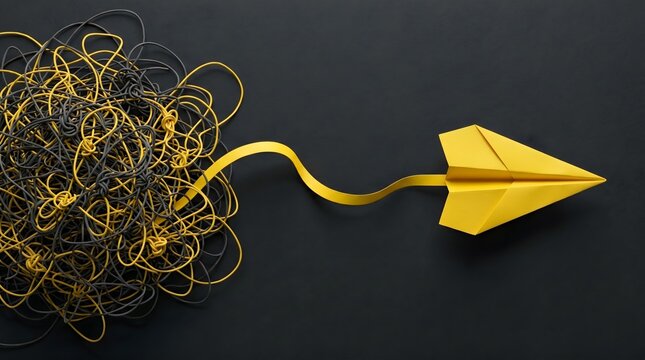 Simplifying complexity concept with untangled yellow paper airplane.
