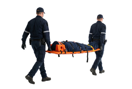 Two paramedics carrying patient on a rescue stretcher