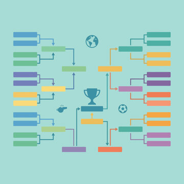 A colorful tournament bracket chart with a central trophy icon