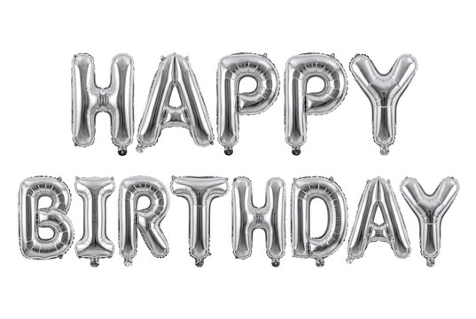 Silver metallic happy birthday foil balloons isolated