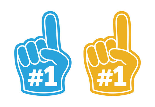 Number one foam fingers illustration, blue and yellow sports fan accessories isolated on white background, cheering hand symbols for team spirit, stadium events, competitions, and athletic supporter g