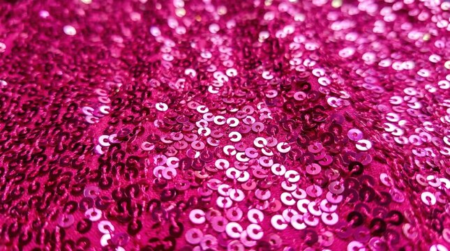 Close up of hot pink sequin fabric showing overlapping reflective discs and textured surface with intense color saturation and sparkling highlights for fashion or craft use
