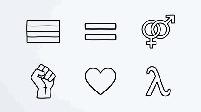 Set of human rights and LGBTQ equality symbols in outline style.