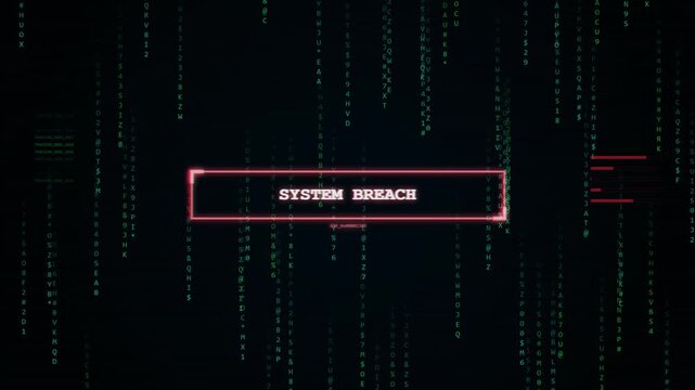 hacking glitch Digital code background with red system breach warning message