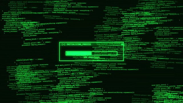 hacking in progress Digital screen with green code and red prohibited access warning