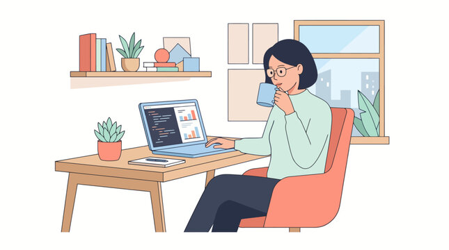 Young female programmer analyzing code and graphs on laptop while drinking coffee