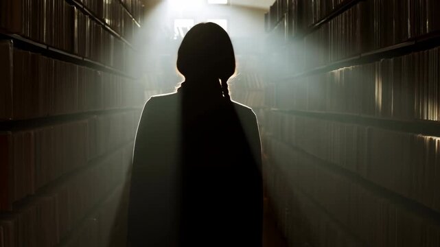 Silhouette in dim warehouse aisle with backlit glow