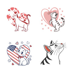 Fototapeta premium Cute cat icons, heart designs, patriotic symbols, Valentine's Day graphics