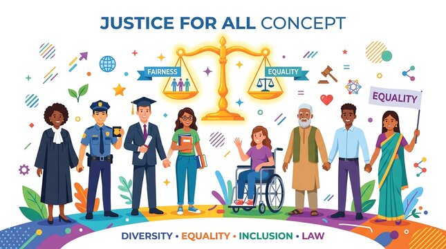 Diverse group of people standing together with law enforcement and scales of justice in a colorful illustration for International Justice Day promoting equality and inclusion with a vibrant