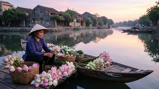 Female vendor in conical hat in small wooden boat laden with lotus baskets on tranquil river at dawn; handling flowers near quiet waterfront homes.