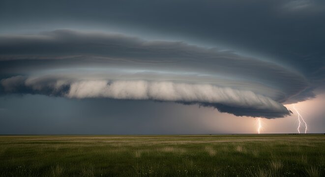 Dramatic Supercell Thunderstorm with Lightning Strikes Over Green Plains