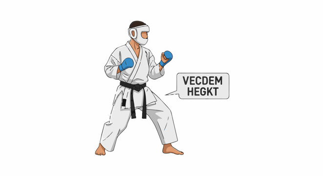A martial artist in a white gi and protective gear assumes a fighting stance