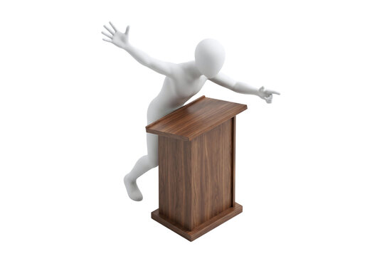 3D figure leaning over a wooden podium and pointing enthusiastically